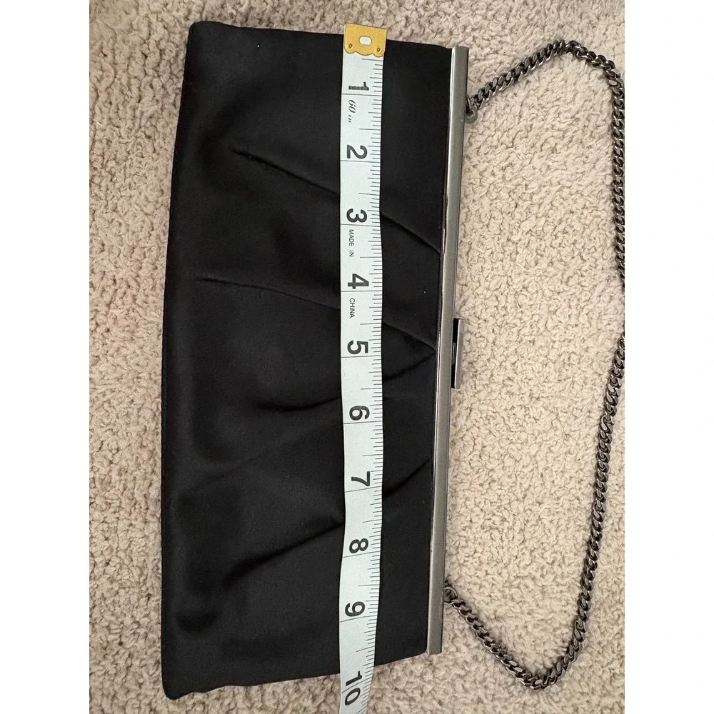 Ann Taylor LOFT Black Satin Pleated Clutch Evening Bag Red Interior Chain Strap